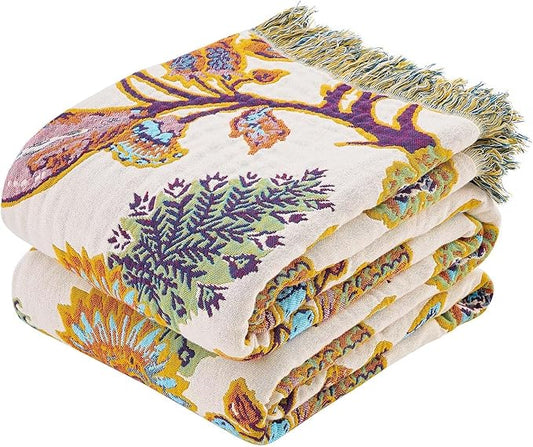 Boho Throw Blanket for Bed, 100% Cotton Soft Rustic Quilt Fall Blanket, 50"x60" Floral Printed Farmhouse Decor Bed Blankets, All Season Rustic Reversible Bohemian Throw Quilt