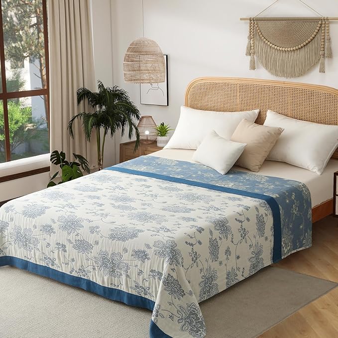 Boho Throw Blanket Full Size, Extra Large Soft Cozy Cotton Muslin Quilt Blanket for Bed Decor, Floral Patterned Couch Sofa Chair Cover, Vintage Farmhouse Cottage Woven Blanket, Blue&White