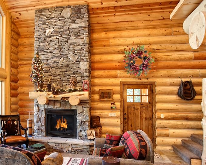 22 Inch Fall Chrysanthemum Wreath Harvest Floral Wreath with Apples Pinecones Berries and Eucalyptus Maple Leaves for Fall Thanksgiving Halloween Mantel Table Outdoor Front Door Wall Window