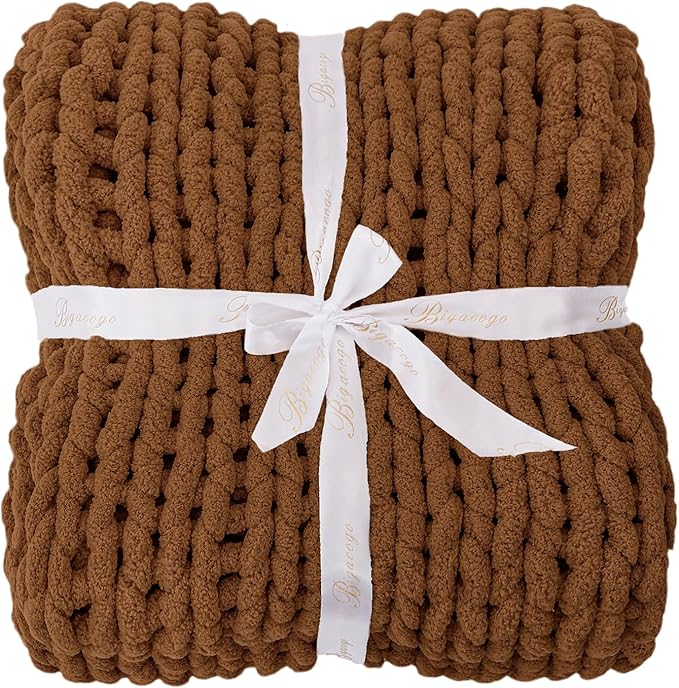 Bigacogo Chunky Knit Throw Blanket for Couch, 40x80 inches, 100% Hand Knitted with Thick Jumbo Chenille Yarn, Cozy Soft Large Rope Knot Cable Crochet Blankets for Sofa Bed Living Room, Caramel