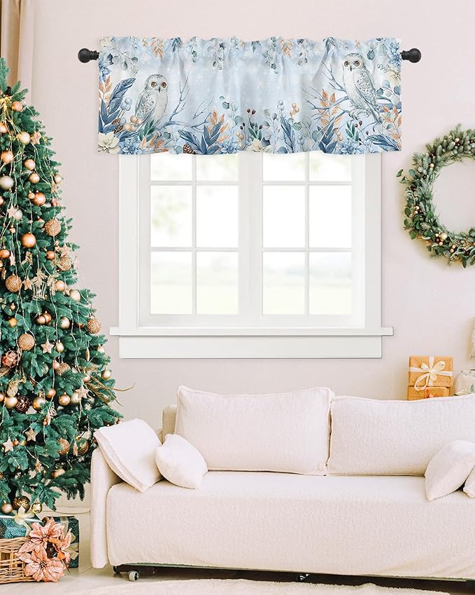 Blue Christmas Valance Curtains for Kitchen Windows Winter Snowy Owl Poinsettia Eucalyptus Leaves Rod Pocket Window Treatment Toppers for Kitchen/Living Room/Bedroom/Bathroom, 60" X 18",