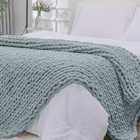 Bigacogo Chunky Knit Throw Blanket for Couch, 51x63 inches, 100% Hand Knitted with Thick Jumbo Chenille Yarn, Cozy Soft Large Rope Knot Cable Crochet Blankets for Sofa Bed Living Room, Dusty Blue