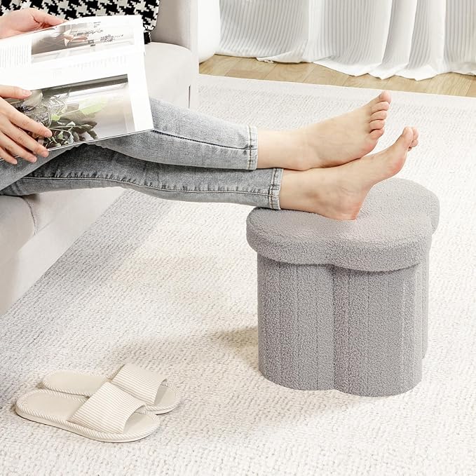 B FSOBEIIALEO Storage Ottoman Cube, Flowers Shaped Ottomans with Storage Foot Stool Footrest for Lving Room, Boucle Ottoman Seat for Dorm Room,Faux Teddy Fur, Grey 12.6"x12.6"x12.6"