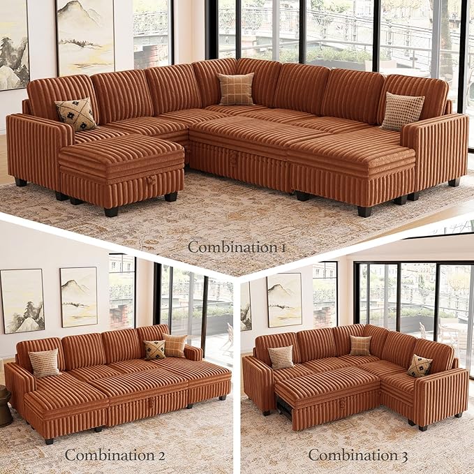 Belffin Corduroy Sleeper Sofa Bed with Storage Chaise Modular Sectional Sofa Couch with Pull Out Bed L Shaped Sectional Couches for Living Room Brick Red Couch