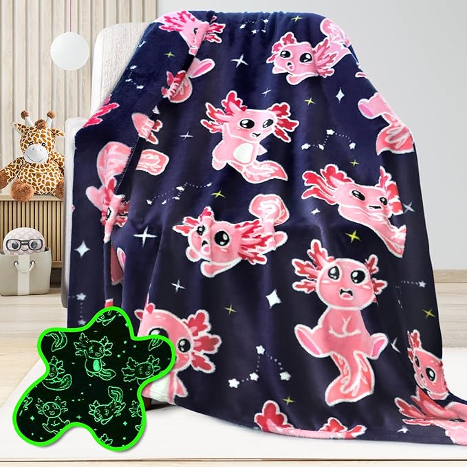 Axolotl Blanket Glow in The Dark Blanket Pink Axolotl Plush Cute Blanket for Girls Axolotl Gifts Birthday Decorations 40"x50"