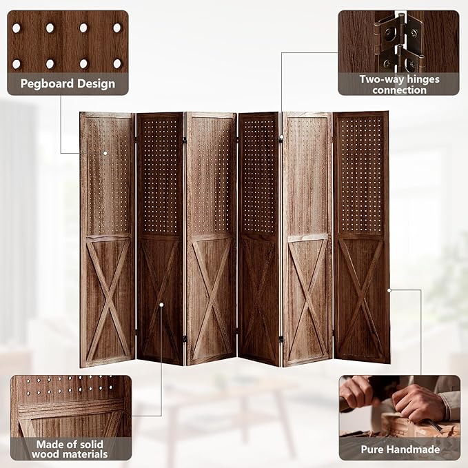6 Panel Pegboard Room Divider, 5.6Ft Pegboard Display Folding Privacy Screens, Wood Room Divider Peg Board Display Freestanding for Trade Show Craft Show Home Wall Organizer, Brown