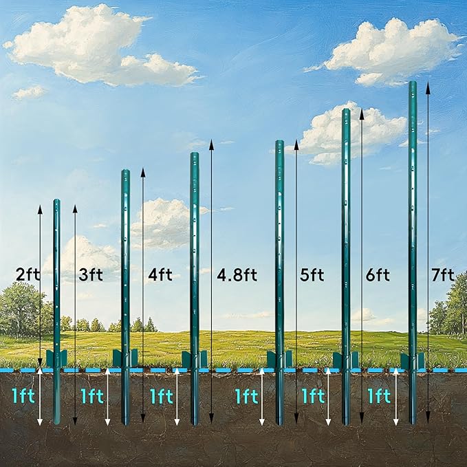 ARIFARO Fence Posts 7 Feet Sturdy Duty Metal Fence Post, Pack of 10, No Dig Garden U Post for Wire Fencing Steel Poles for Yard, Outdoor Wire