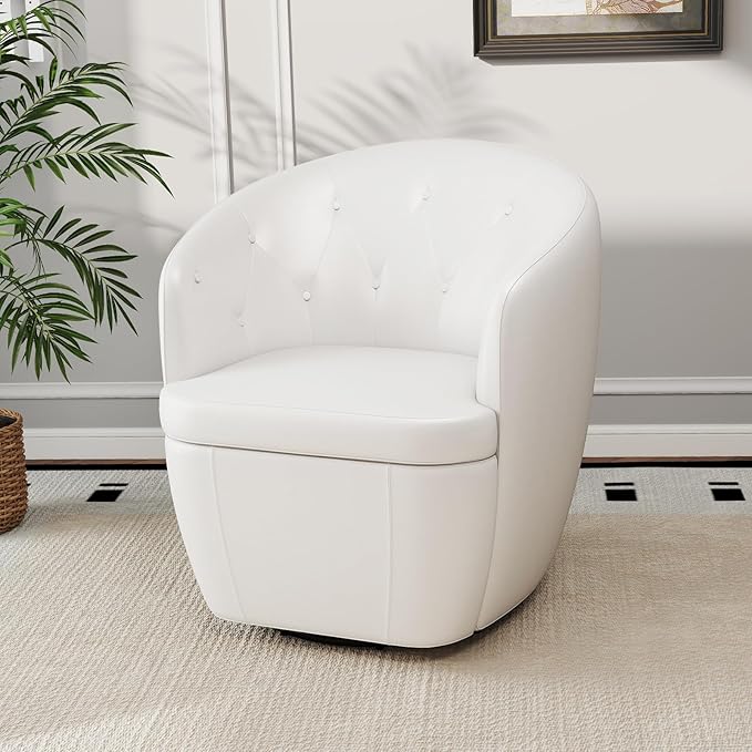 360° Swivel Leather Accent Chair, Modern Barrel Club Chair with Leather Upholstery and Sturdy Base, Comfortable Armchair for Living Room, Bedroom, Reading Nook, White