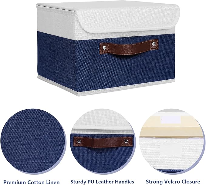 ANMINY Storage Boxes with Lids Washable Decorative Storage Bins Basket with PU Leather Handle Foldable Linen Fabric Storage Cubes Containers for Home Closet Organizer - Deep Blue White, Small Size