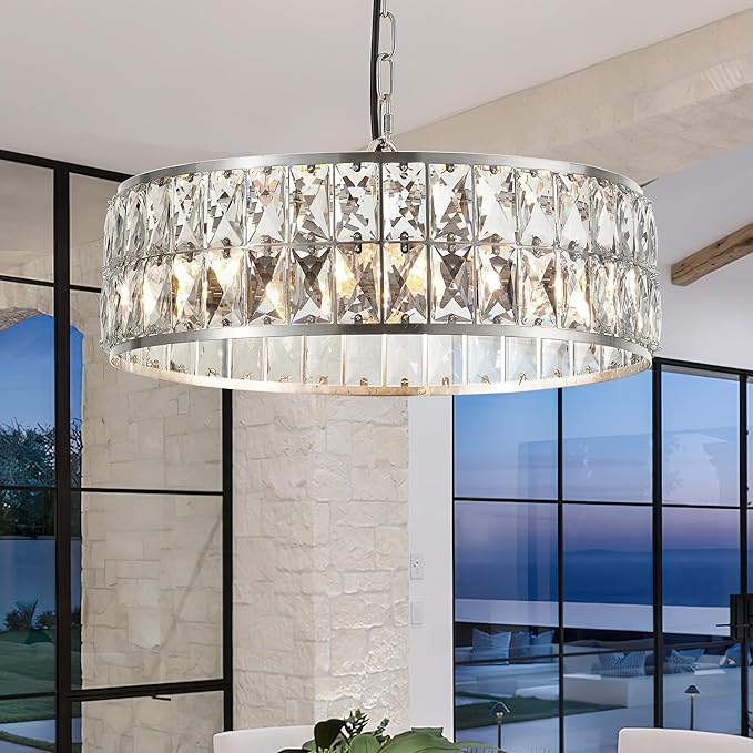 16” 4-Light Modern Crystal Chandeliers Nickel Dinning Room Light Fixture, Round Pendant Light Kitchen Island Chandelier, Flush Mount Ceiling Light for Living Room Entryway Bedroom Foyer