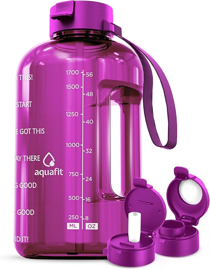 AQUAFIT 64 oz Water Bottle with Time Marker - BPA Free Half Gallon Water Bottle with Straw - Gym Water Bottle with Handle, Gallon Water Jug, Big Water Bottle, Large Water Bottle (Bright Pink, 2 Lids)