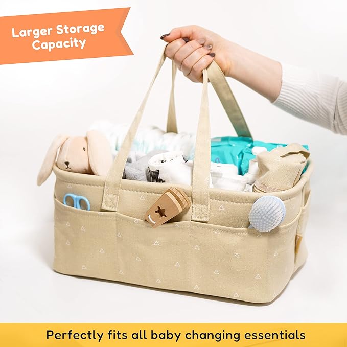 Baby Diaper Caddy Organizer - Baby Shower Basket | Large Nursery Storage Bin for Changing Table | Car Travel Tote Bag | Newborn Registry Must Have | Bonus Bottle Cooler | Beige