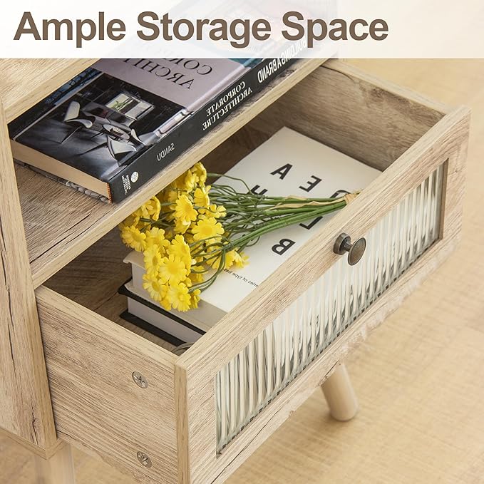 AWASEN Nightstand with Charging Station, Modern Bedside Table with Glass Decorative Drawer, Charging Night Stand Side Tables for Bedroom and Small Space, Rustic White Oak