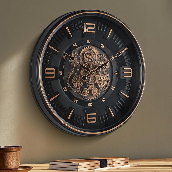 20in Large Real Moving Gears Wall Clock for Living Room, Battery Operated Wall Clocks Decorative Vintage, Home Office Clock, Gift for Family, Friends