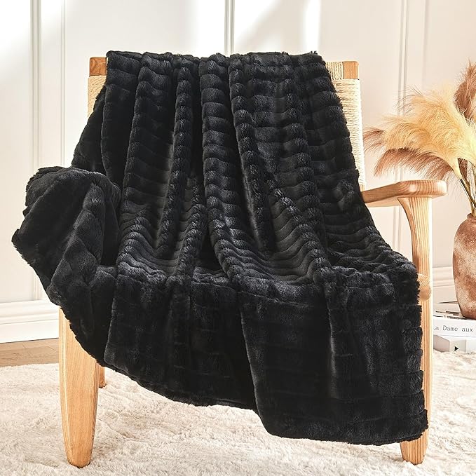 BEDELITE Faux Fur Throw Blanket for Couch, Soft and Cozy 3D Ribbed Fluffy Blanket, Thick Warm Plush Fuzzy Faux Rabbit Fur Blanket for Women Gift (Black, 60"x 80")
