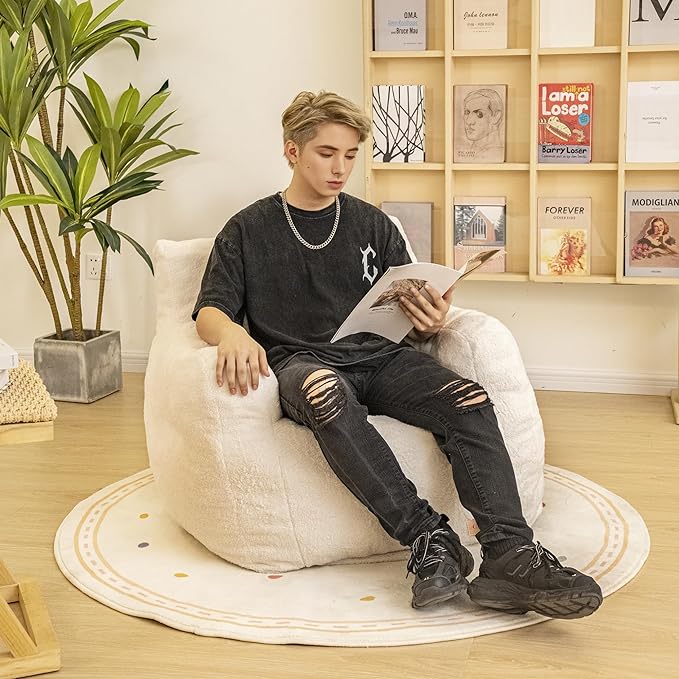 Bean Bag Chair with Filler, Bean Bag Sofa with Tufted Soft Stuffed Filling, Fluffy and Lazy Sofa, Comfy Cozy BeanBag Chairs with Memory Foam for Dorm, Apartment, Living Room (White)