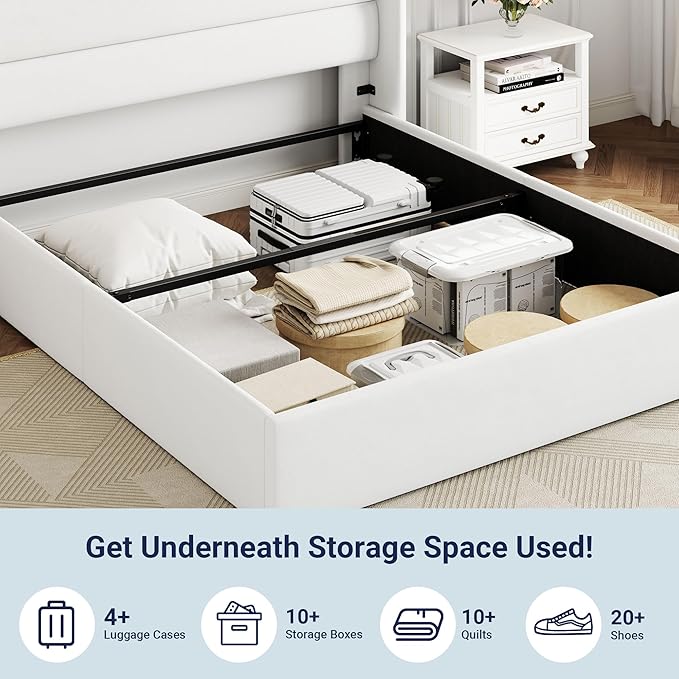 Allewie Queen Size Velvet Lift Up Storage Bed, Modern Wingback Headboard, Hydraulic Support, No Box Spring Needed, White