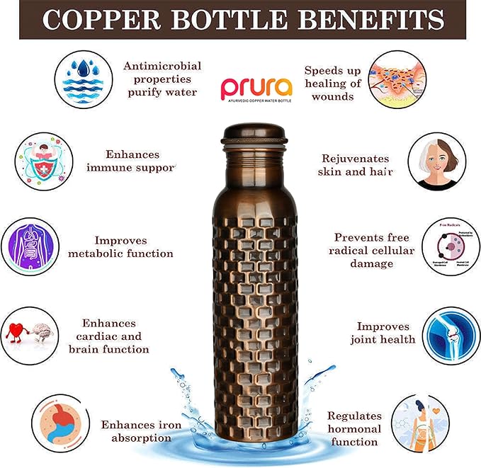 Black Bricks Design Pure Copper Water Bottle for Drinking – Travel Water Bottle for Gym, Office, Hiking, Outdoor – Ayurvedic Water Bottle Joint Less Leak Proof