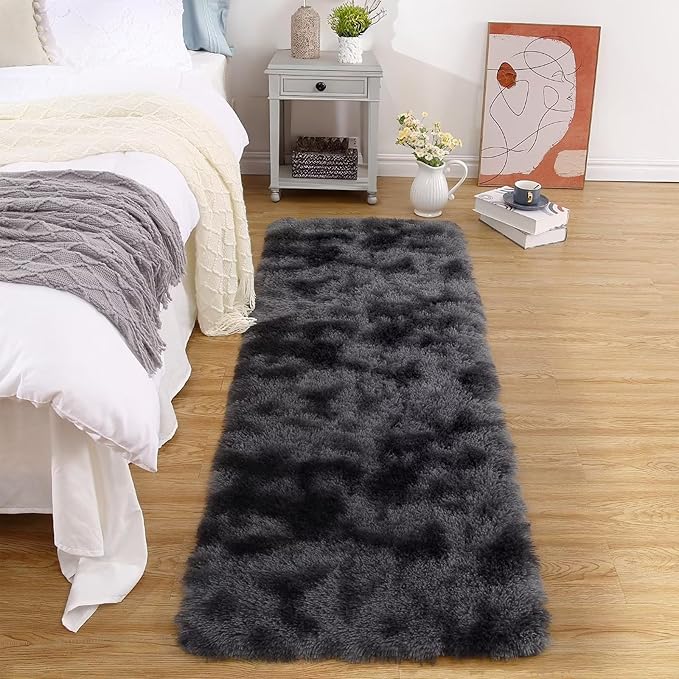 Bedroom Rug 2x6 Runner Rugs Fluffy Shaggy Bedside Hallway Entryway Rugs Soft Plush Floor Carpet for Nursery Kids Room Non Slip Fuzzy Rug Shag Faux Fur Rug for Living Room, Tie Dye Dark Grey