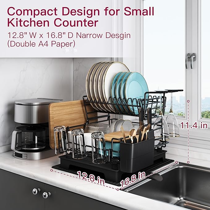 BOOSINY 2 Tier Black Large Stainless Steel Dish Drainers Drying Rack for Kitchen Counter with Drainboard, Rust Proof Metal, Space Saving, Modern Aesthetic, Compact Plates Strainers with Extra Mat