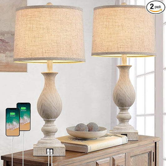 28'' Tall Farmhouse Table Lamps for Living Room, Bedroom Lamps Set of 2 with USB C+A Charging Ports, Rustic Farmhouse Nightstand Lamps for Bedside, Traditional Side Table Lamp with Fabric Shade