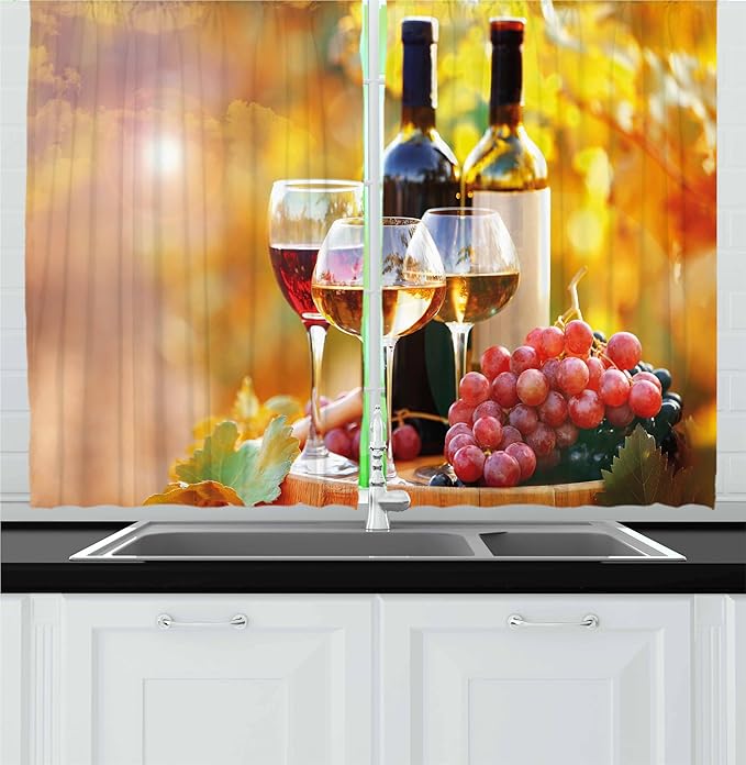 Ambesonne Wine Kitchen Curtains, Tasty Wine on Wooden Cask on Grape Plantation Countryside Harvest Rural Growth, Window Drapes 2 Panel Set for Kitchen Cafe Decor, 55" x 24", Orange Red
