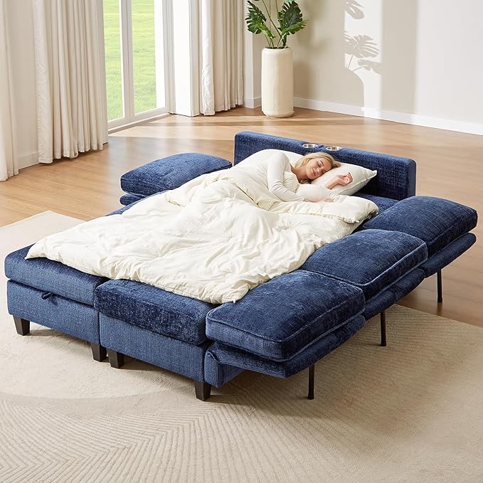 110" Modular Sectional Sofa, Convertible Sleeper Sofa Couch Bed with Adjustable Backrest, U-Shaped Chenille Cloud Couch with Ottoman Storage, Deep Seat Couches for Living Room,Blue