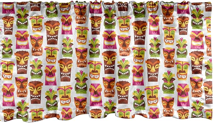 Ambesonne Tiki Bar Window Valance Pack of 2, Sixties Retro Inspired Hawaiian Party Happy Tiki Pattern Colorful, Rod Pocket Curtain Valances for Kitchen Bedroom, 54" X 18", White Brown