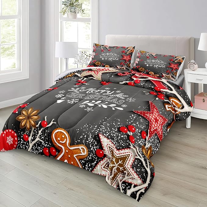 Bedbay Christmas Bedding Queen Christmas Comforter Set Cartoon Gingerbread Man Printed Xmas Themed Bedding 4-Piece Xmas Comforter Set Christmas Decorations(Christmas,Queen)