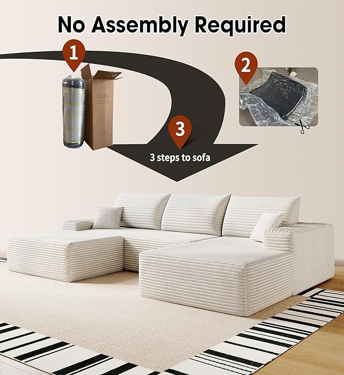 108" Sectional Couches for Living Room Modern Modular Sofa with L-Shape Couchs Upholstered Boneless Couch Deep Seat Sectional Couch with Chaise (White, Right Facing Chaise+2Seaters+1Ottoman)