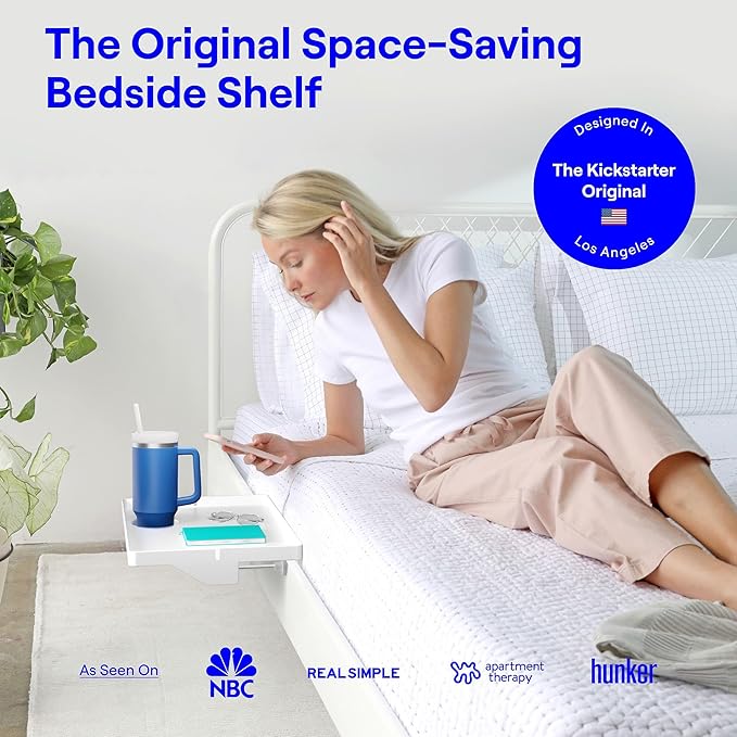 BedShelfie Bedside Shelf for Bunk Bed & Top Bunk, College Dorm Room Essentials, Clip On Nightstand, Bed Side Table Tray Organizer - Cup Holder, White