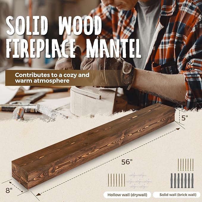 56x8x5 Fireplace Mantel - Handcrafted Hollow Rustic Solid Wood Wall Mounted Floating Shelf with Invisible Heavy Duty Wood Bracket (Weathered Brown)