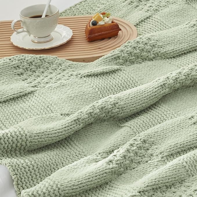 Amélie Home Chenille Knit Throw Blanket for Couch, Checkered Texture Decorative Soft Blanket for Sofa, Bed & Living Room, 50"x60", Sage Green