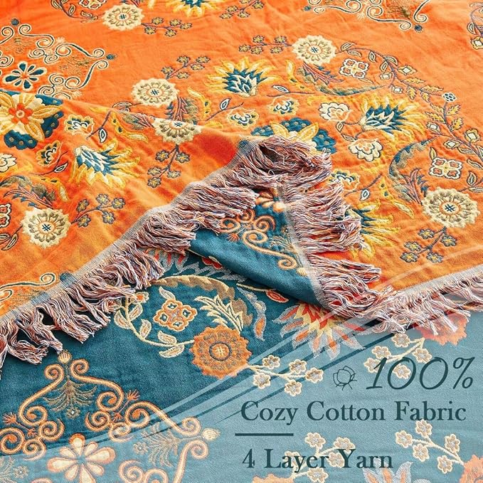 Boho Throw Blanket, 100% Cotton Ultra Soft Luxury Throw Rustic Quilt, 60"x80" Floral Printed Farmhouse Decor Bed Summer Blankets, All Season Rustic Reversible Bohemian Throw for Bed - Orange