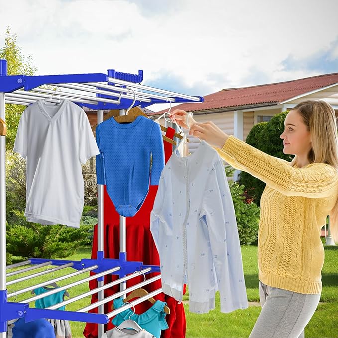 Bigzzia Clothes Drying Rack, 67.7 Inch Laundry Drying Rack with Foldable Base, 4 Tier Stainless Steel Drying Rack Clothing, Movable Laundry Rack for Indoor Outdoor-Blue