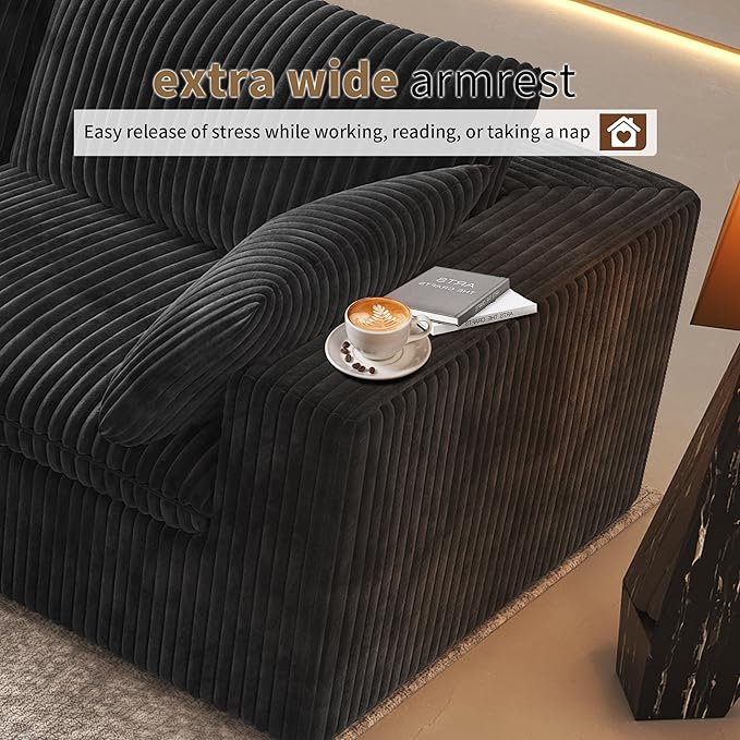 118" 6-Seater Cloud Sofa,Modular Sectional Couch with Ottoman,Modern Deep Seat Upholstered Couches with Corduroy Fabric for Living Room Furniture,Bedroom and Apartment,No Assembly Required,Black