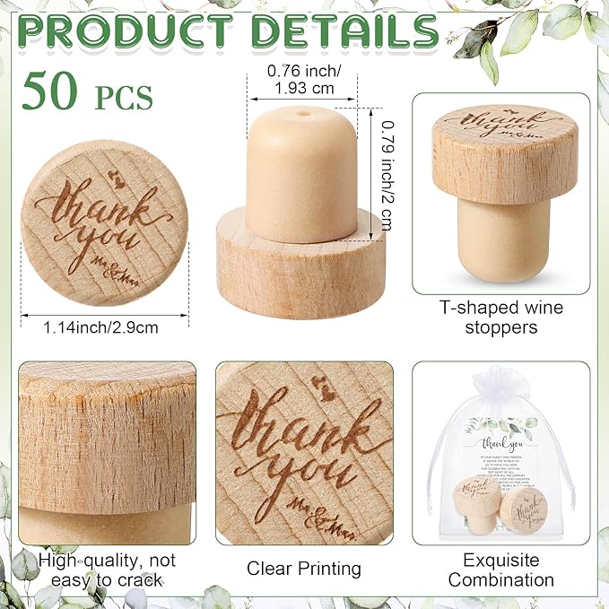 Barydat 50 Sets Wedding Favors for Guests Bulk Engraved Wood Wine Bottle Corks Wine Stopper with Wedding Thank You Cards and Organza Bags Wedding Appreciation Gifts for Guest Thank You Gifts (Stylish)