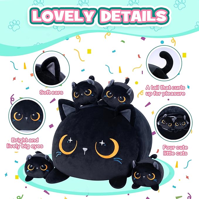 Black Cat Plush Cute Cat Stuffed Animal with 4 Baby Soft Pillow Christmas, Thanksgiving, Birthday Gift for Girls Boys Kids Decor
