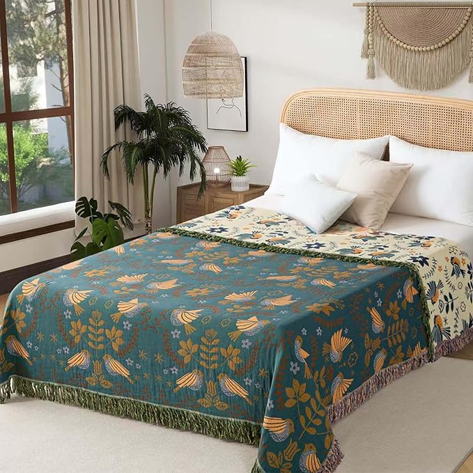 Boho Throw Blanket Queen Size, Oversized Soft Cozy Cotton Muslin Quilt Blanket for Bed Decor, Bird Patterned Couch Sofa Chair Cover, Vintage Farmhouse Cottage Woven Blanket, Green&Beige
