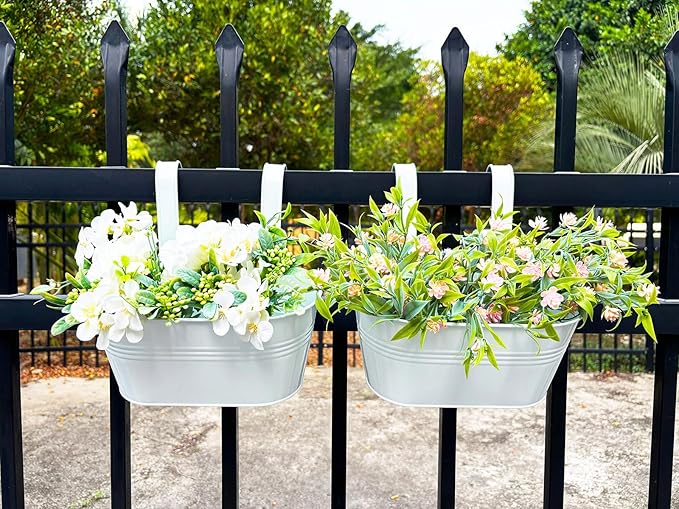 10" Hanging Flower Pots, Pack of 2 White Metal Outdoor Patio Balcony Planter, Railing Planters Fence Pot with Detachable Hook & Drainage Hole for Small Plants (White, 2Pcs)