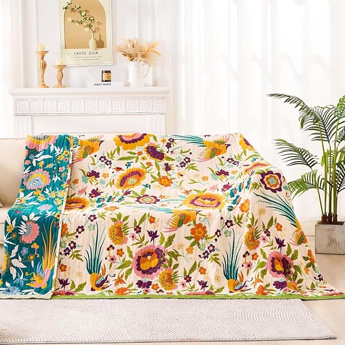 Boho Throw Blanket for Bed, 100% Cotton Soft Rustic Quilt Fall Blanket, 80" 90" Floral Printed Farmhouse Decor Bed Blankets, All Season Rustic Reversible Bohemian Throw Quilt