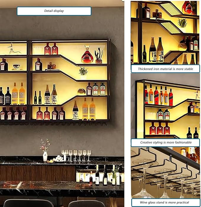 118in Wall Mounted Wine Rack with LED Light, 5-Tiers Liquor Bottles Display Shelf with Glasses Holder, Metal Home Bar Shelves with Industrial Iron Frame for Kitchen (Black, 118in/9.84ft)