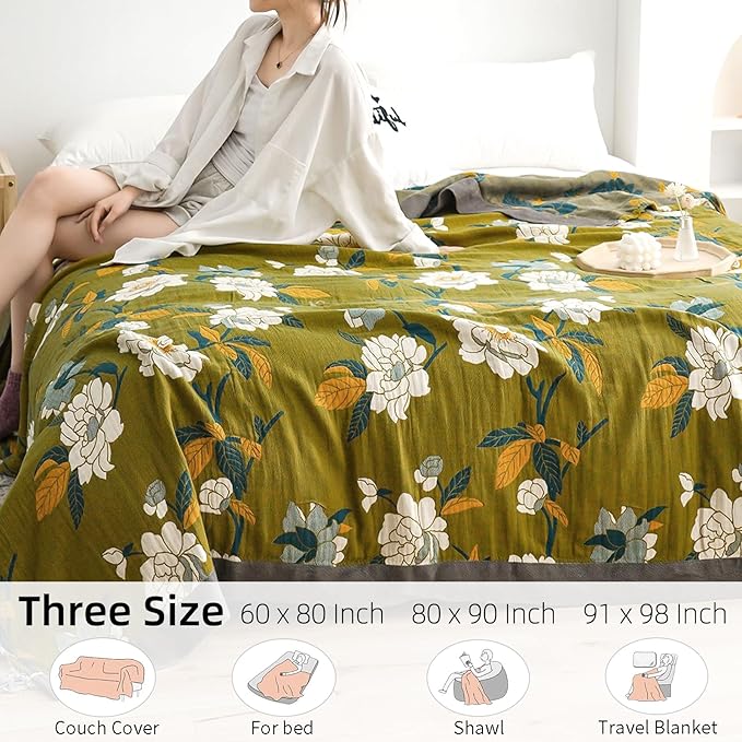 Boho Throw Blanket for Bed - 100% Pure Cotton Ultra Soft Rustic Quilt - Farmhouse Decor Bed Blankets, All Season Rustic Throw for Sofa Couch Chair(60"×80", Flower Branch)