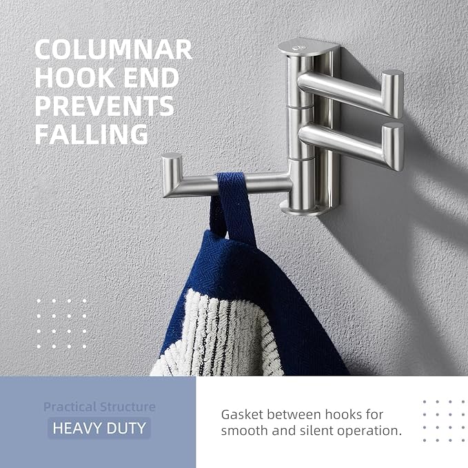 Angle Simple Swivel Towel Hook 3 Arms, SUS 304 Stainless Steel Foldable Robe Towel Hook for Bathroom, Wall Coat Holder, Brushed Nickel