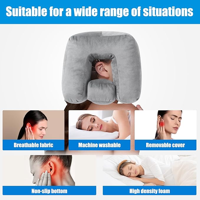 BALAPET Ear Pillow，Ear Piercing Pillow for Side Sleepers with Adjustable Ear Holes， Memory Foam Comfort Side Sleeper Pillow for Ear Pain, Earplugs, and Headphone，Ear Guard Pillow