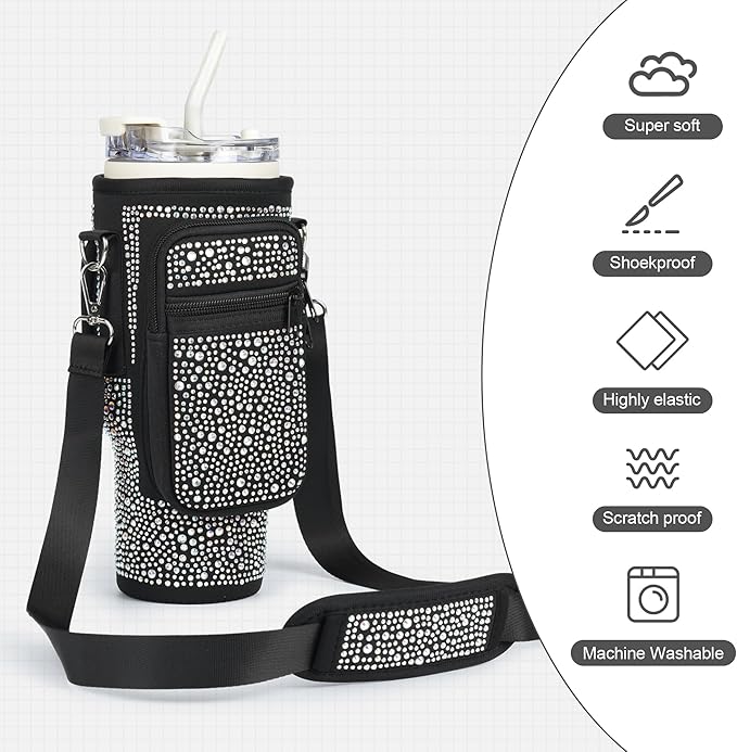 Bling Diamond Water Bottle Carrier Bag with Phone Pocket for Stanley 40/30 oz Tumbler with Card Holder,Neoprene Water Bottle Holder Pouch with Adjustable Strap for Stanley Cup Accessories
