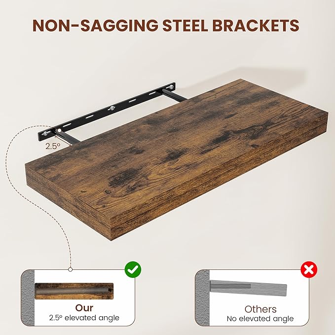 12" Deep Floating Shelves for Wall 24 Inches Long, Heavy Duty Wall Shelves for Bedroom Bathroom Kitchen Laundry Room, Farmhouse Rustic Shelves for Home Decor, 24" X 12" X 2" Set Of 2, Rustic Brown