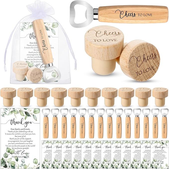 Barydat 72 Sets Wedding Favors Bulk for Guests Wine Corks Wooden Stopper Beer Bottle Opener Wedding Thank You Gift Card Organza Bag Wedding Appreciation Gifts for Bridal Shower