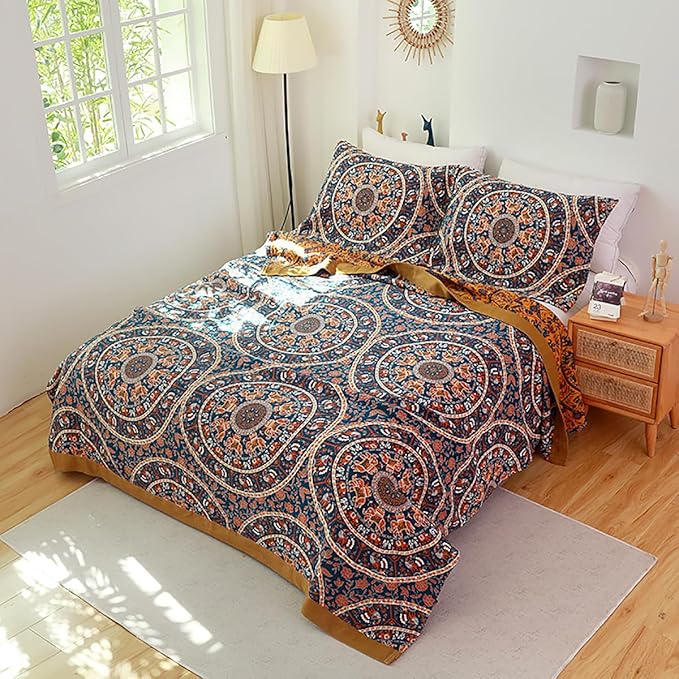 Boho Muslin Blanket for Adults 4-Layer Gauze Twin Size Soft Cozy 100% Cotton Summer Cooling Blanket Wheel Floral Decor for Sofa Bed Coverlet Both Sides (A Luck Wheel, Twin 60 x 80 in)