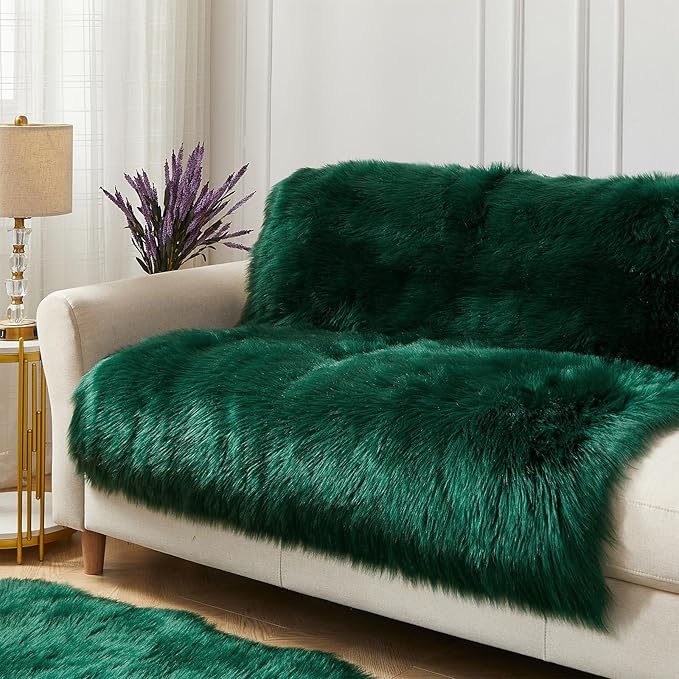 AMTOVO Faux Fur Sheepskin Rug for Living Room, 4 x 6 ft Dark Green Fluffy Area Rug for Bedroom, Playroom, Luxury Room Decor, Rectangle